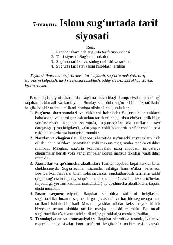 Islom sug‘urtada tarif siyosati