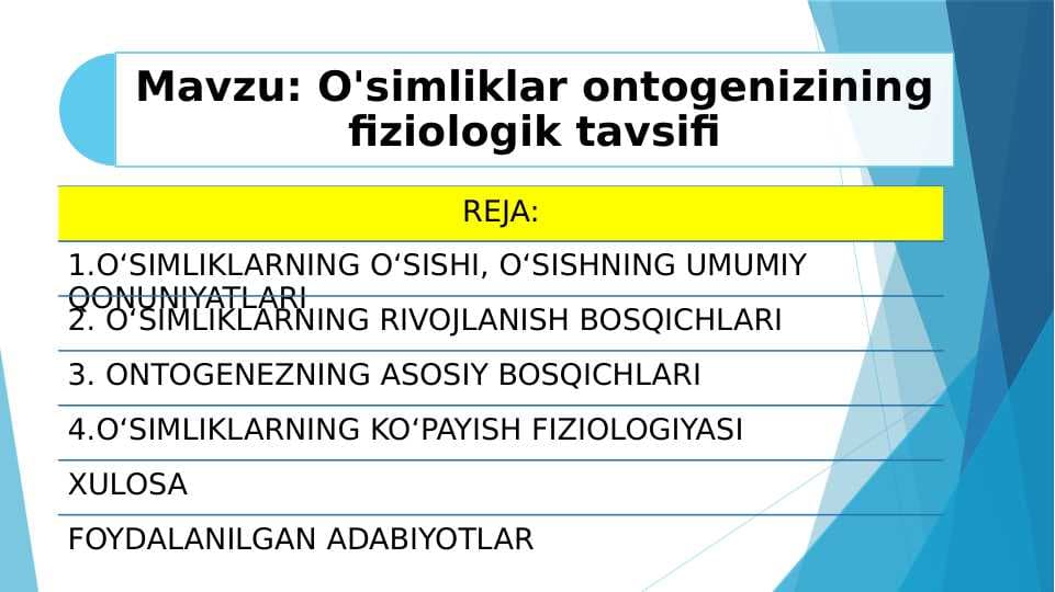 O'simliklar ontogenizining fiziologik tavsifi