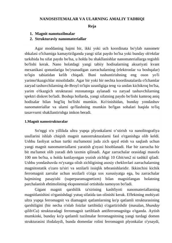 NANOSISTEMALAR VA ULARNING AMALIY TADBIQI