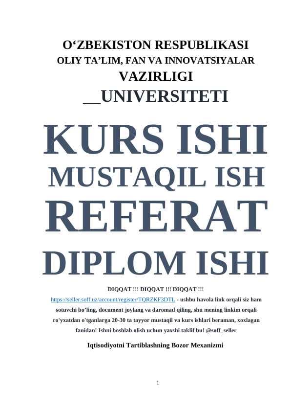 Iqtisodiyotni Tartiblashning Bozor Mexanizmi