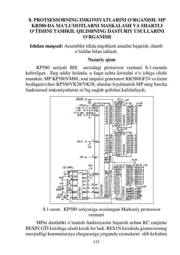 PROTSESSORNING IMKONIYATLARINI O‘RGANISH. MP  KR580-DA MA’LUMOTLARNI MASKALASH VA SHARTLI  O‘TISHNI TASHKIL QILISHNING DASTURIY USULLARINI  O‘RGANISH