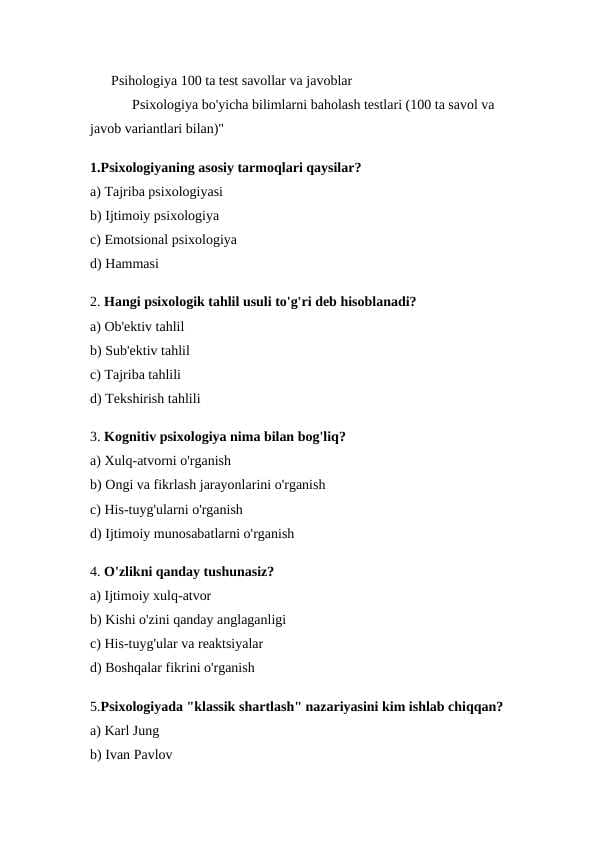 Psihologiya test 100 ta  savollar va javoblar bilan