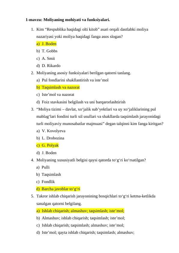 Moliyadan mavzulashtirilgan 100 ta test