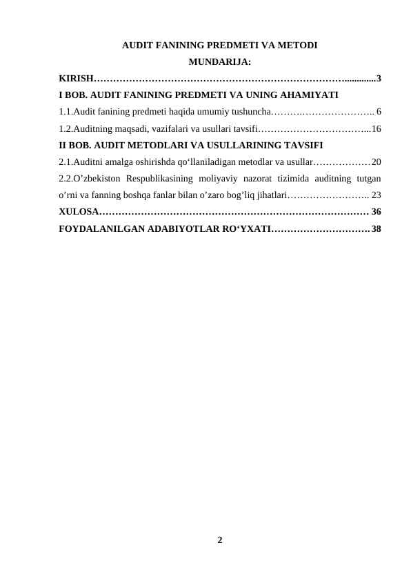 AUDIT FANINING PREDMETI VA METODI