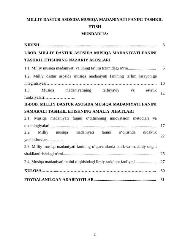 Milliy dastur asosida musiqa madaniyati fanini tashkil etish