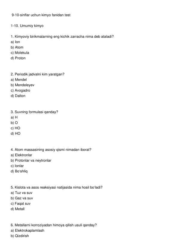 Kimyo fanidan test
