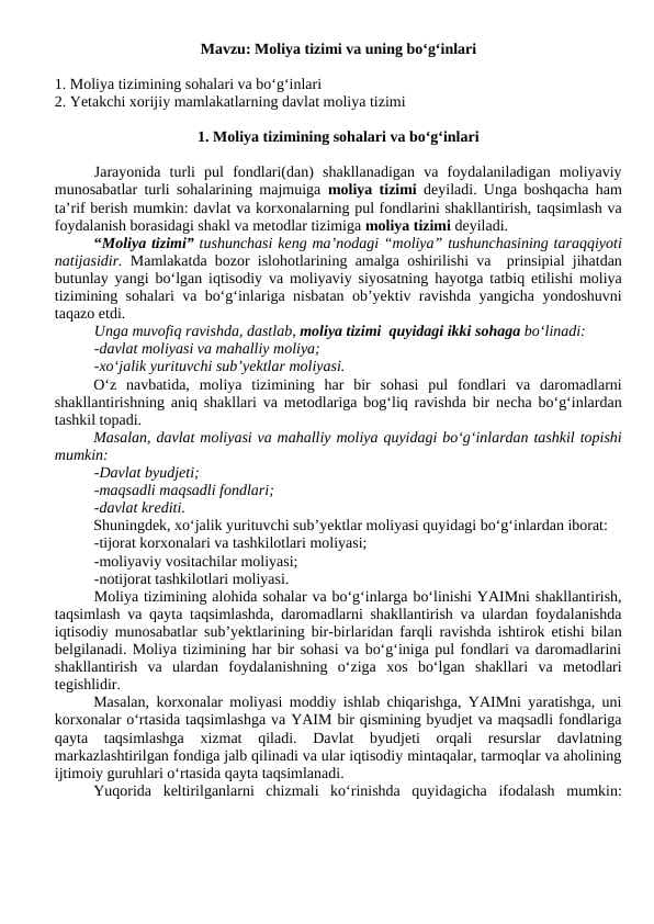 Moliya tizimi va uning bo‘g‘inlari