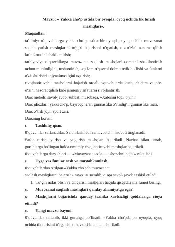 Yakka cho'p ustida bir oyoqda, oyoq uchida tik turish mashqlari