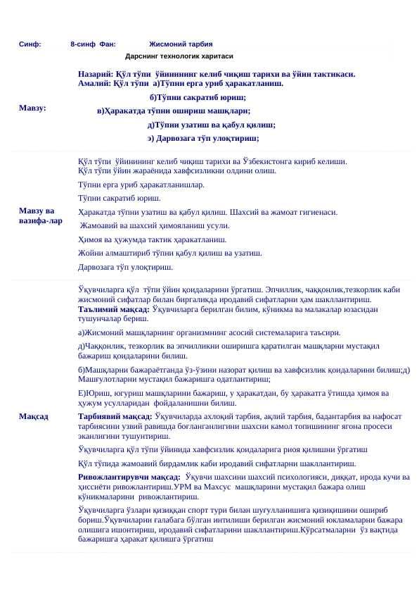 Jismoniy tarbiya dars ishlanma. Қўл тўпи ўйинининг келиб чиқиш тарихи ва ўйин тактикаси