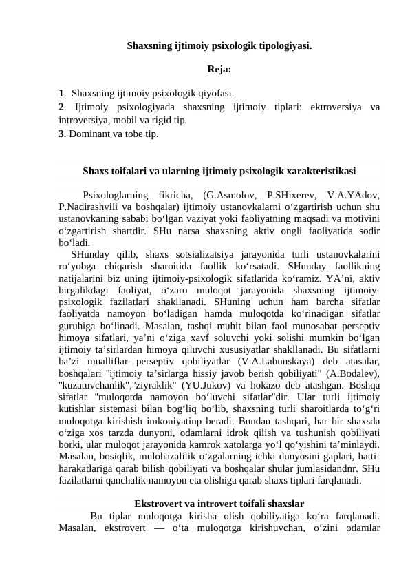 Shaxsning ijtimoiy psixologik tipologiyasi