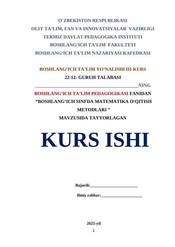 BOSHLANG‘ICH SINFDA MATEMATIKA O‘QITISH METODLARI