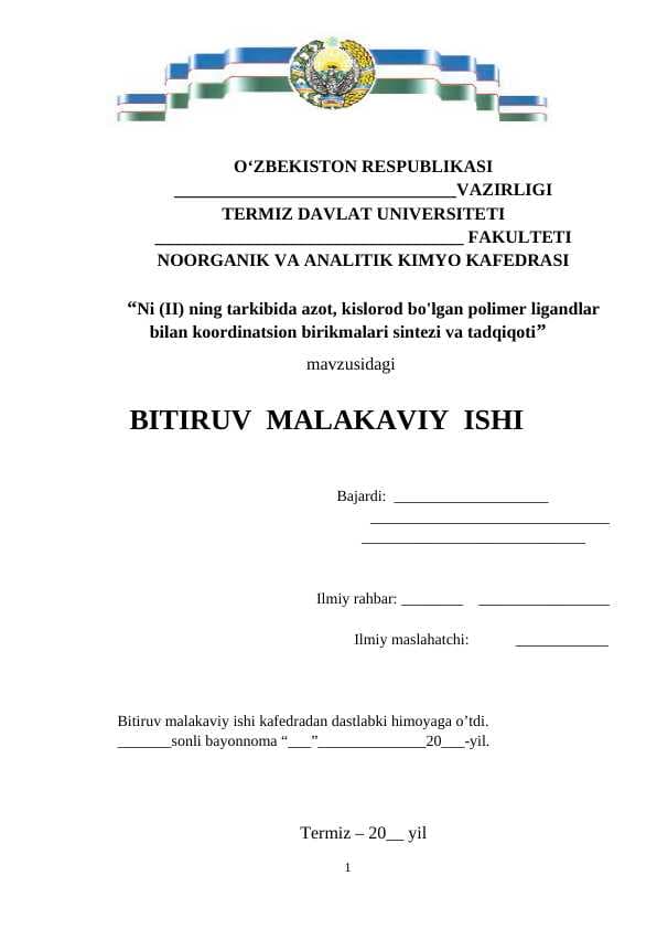 Ni (II) ning tarkibida azot, kislorod bo'lgan polimer ligandlar bilan koordinatsion birikmalari sintezi va tadqiqoti