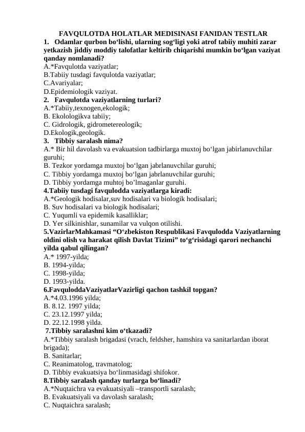 FAVQULOTDA HOLATLAR MEDISINASI FANIDAN TESTLAR JAVOBLARI BILAN