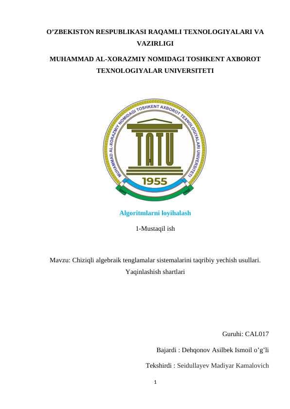 Chiziqli algebraik tenglamalar sistemalarini taqribiy yechish usullari. Yaqinlashish shartlari