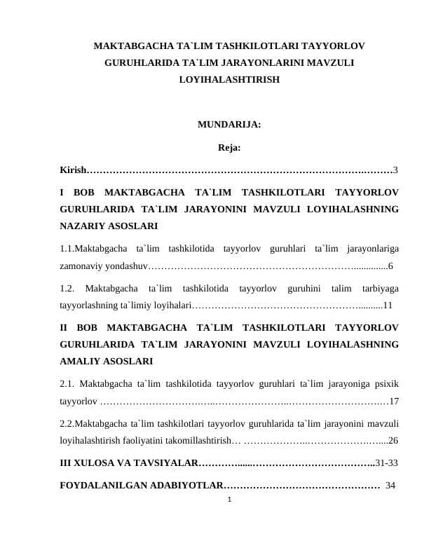MAKTABGACHA TA`LIM TASHKILOTLARI TAYYORLOV GURUHLARIDA TA`LIM JARAYONLARINI MAVZULI LOYIHALASHTIRISH