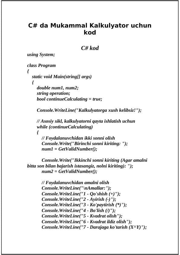 C# kalkulyator uchun kod