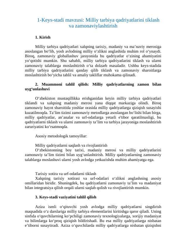 Milliy tarbiya qadriyatlarini tiklash va zamonaviylashtirish