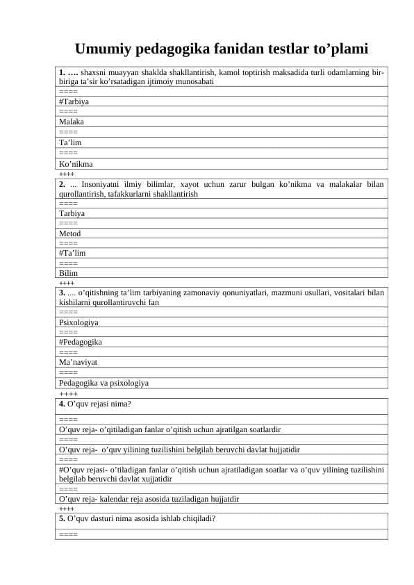Umumiy pedagogika fanidan testlar to’plami javoblari bilan