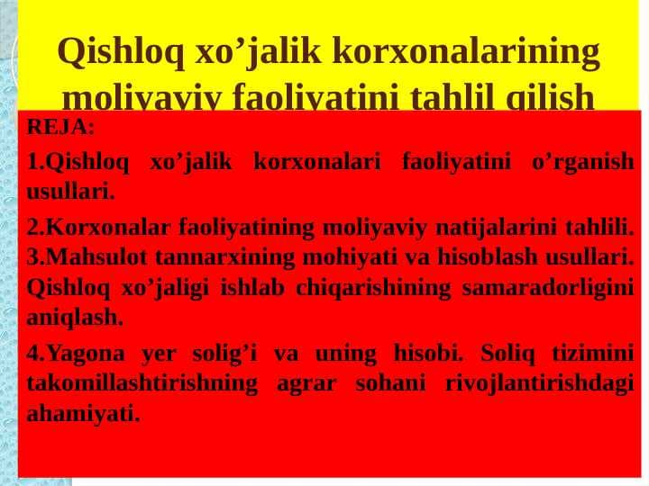 Qishloq xo’jalik korxonalarining moliyaviy faoliyatini tahlil qilish
