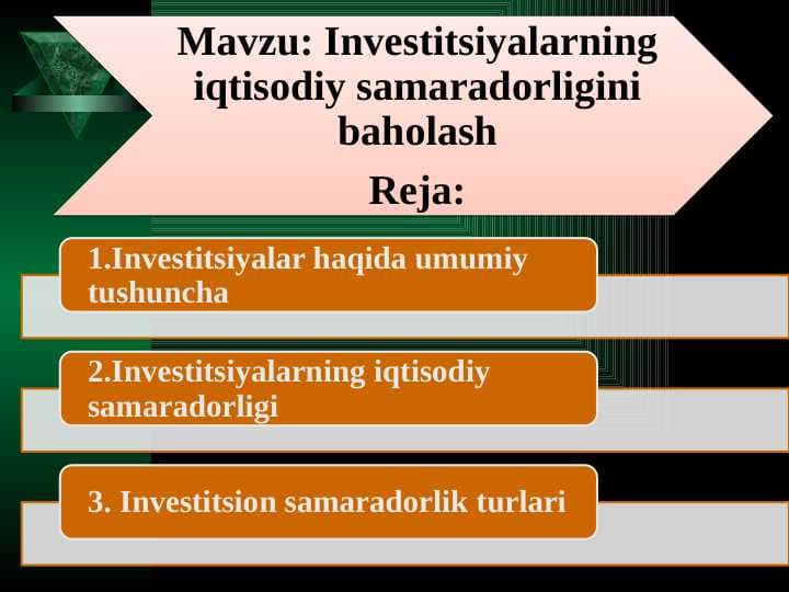 Investitsiyalarning iqtisodiy samaradorligini baholash