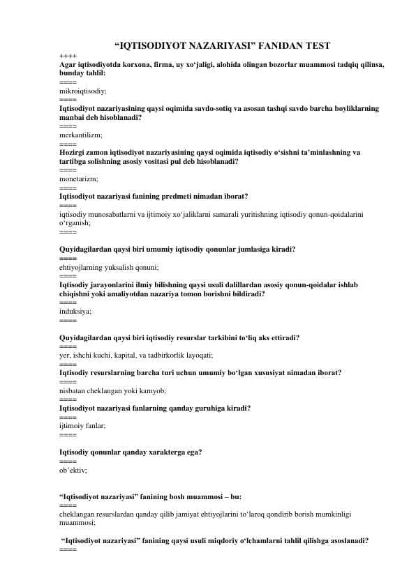 “IQTISODIYOT NAZARIYASI” FANIDAN TEST