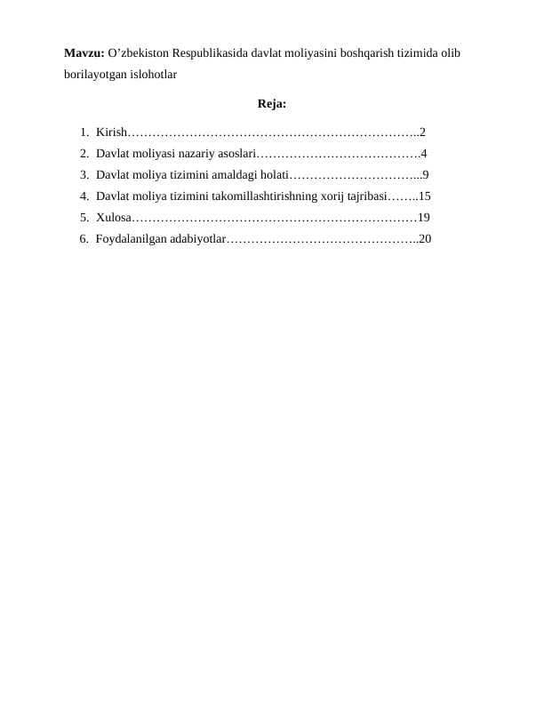 O’zbekiston Respublikasida davlat moliyasini boshqarish tizimida olib borilayotgan islohotlar