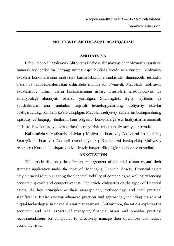 MOLIYAVIY AKTIVLARNI  BOSHQARISH