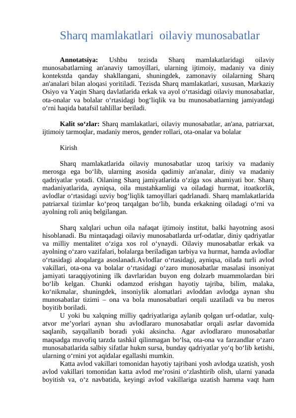 Sharq mamlakatlari  oilaviy munosabatlar