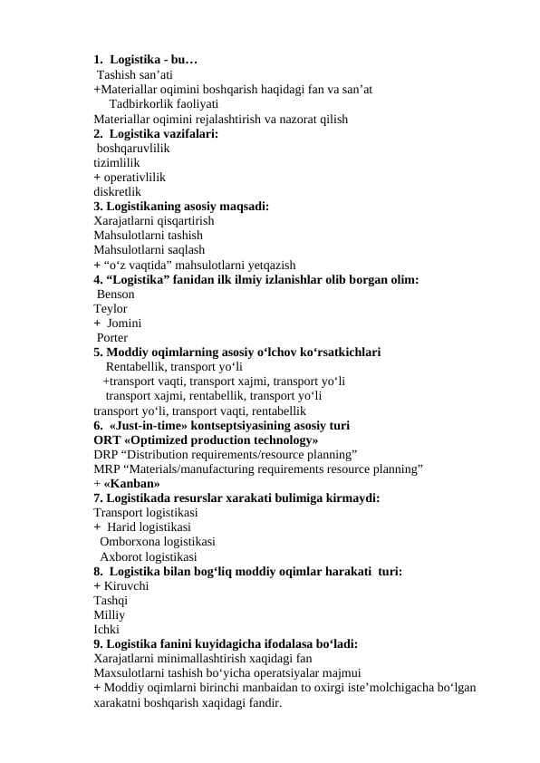 Logistika fanidan testlar