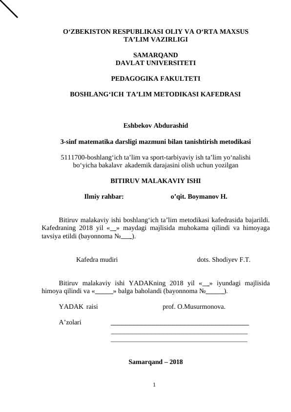 3-sinf matematika darsligi mazmuni bilan tanishtirish metodikasi