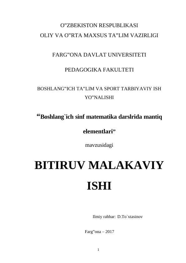 Boshlang`ich sinf matematika darslrida mantiq elementlari