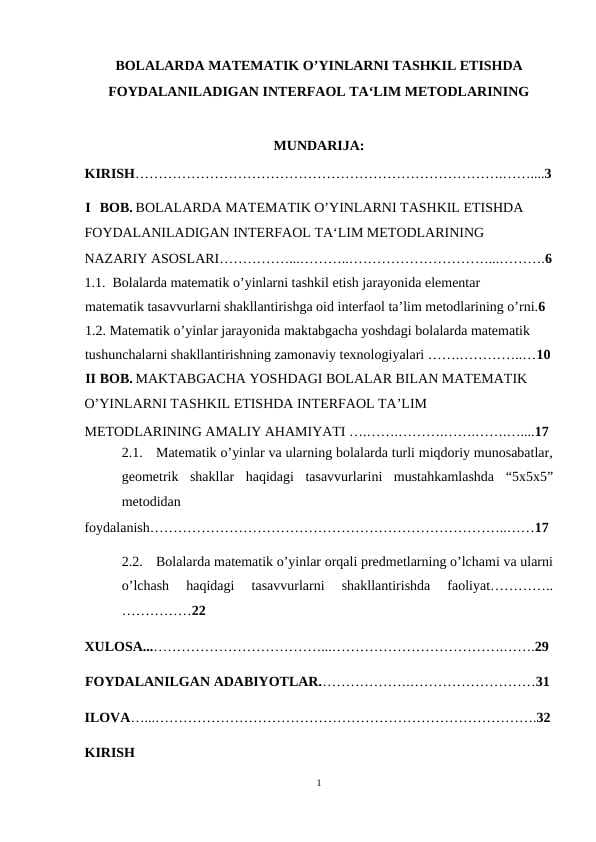 BOLALARDA MATEMATIK O’YINLARNI TASHKIL ETISH