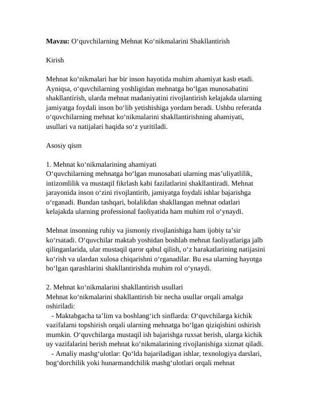 O'quvchilarning mehnat ko'nikmasini shakillantirish - Referat