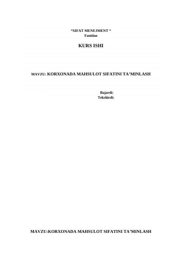 KORXONADA MAHSULOT SIFATINI TA’MINLASH