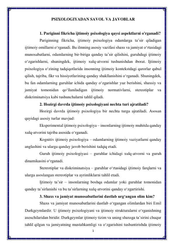 Psixologiyadan savol va javoblar