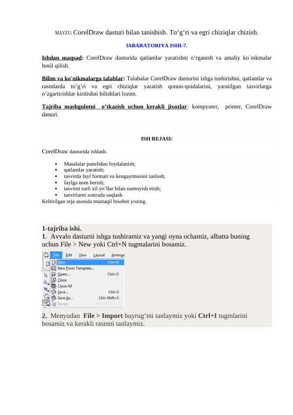 CorelDraw dasturi bilan tanishish. To‘g‘ri va egri chiziqlar chizish