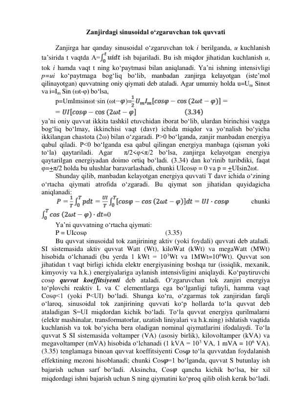 Zanjirdagi sinusoidal o‘zgaruvchan tok quvvati