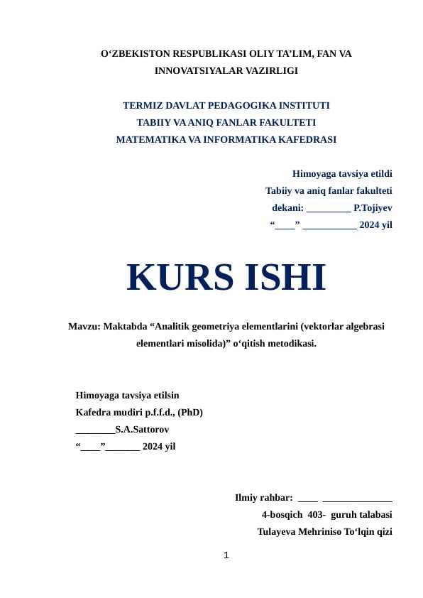 Maktabda “Analitik geometriya elementlarini (vektorlar algebrasi elementlari misolida)” o‘qitish metodikasi.