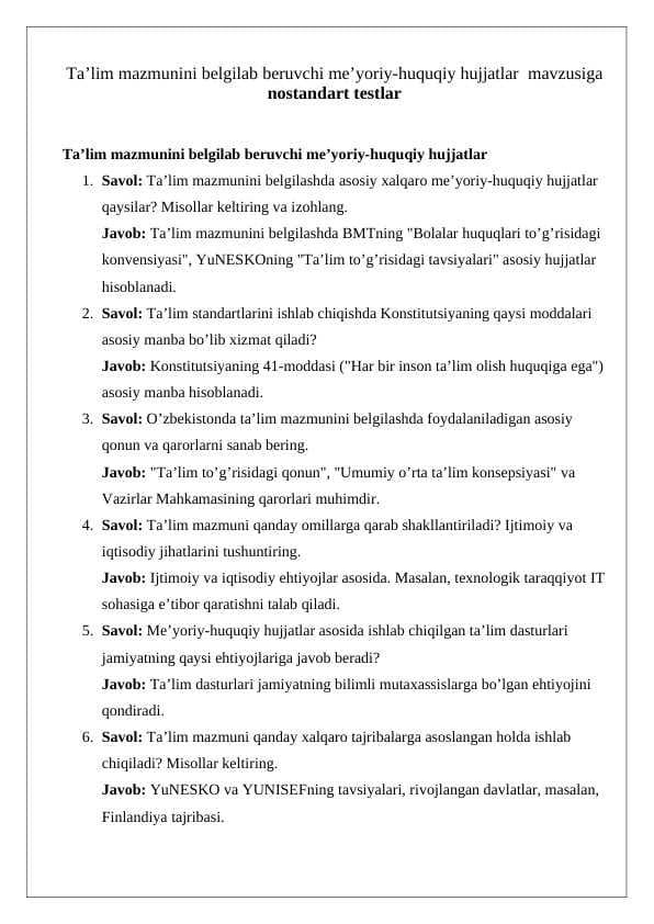 Ta’lim mazmunini belgilab beruvchi me’yoriy-huquqiy hujjatlar  mavzusiga nostandart testlar