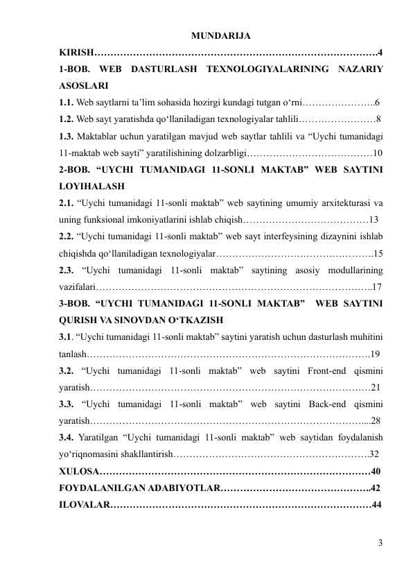 Kurs ishi Web Dasturlash "Uychi tumani 11-sonli maktab web sayti" loyhlash