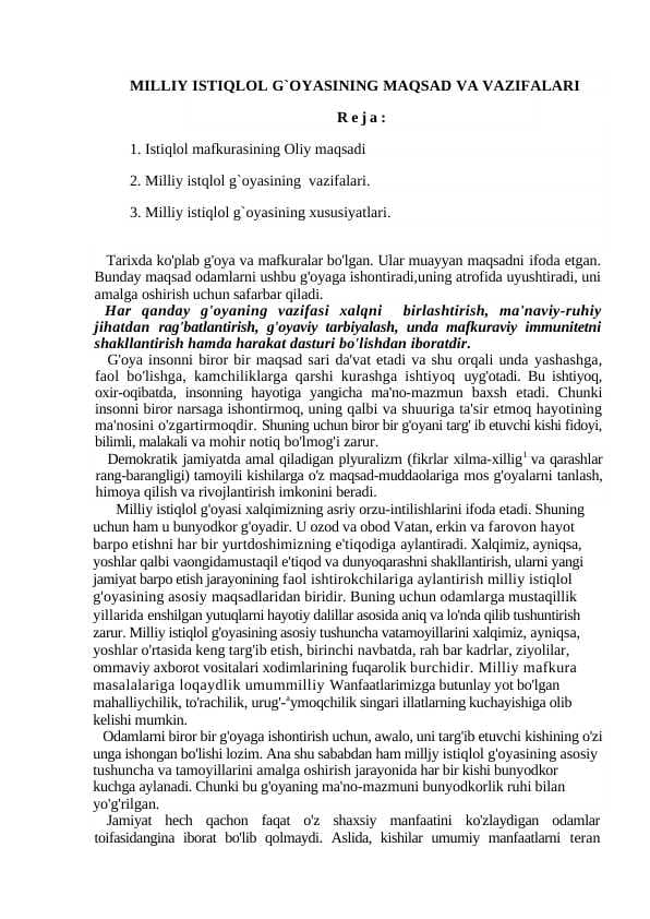 MILLIY ISTIQLOL G`OYASINING MAQSAD VA VAZIFALARI