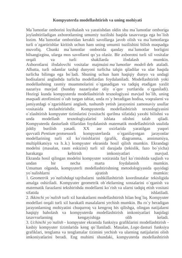 Kompyuterda modellashtirish va uning mohiyati