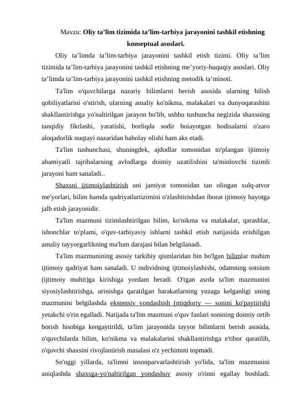 Oliy taʼlim tizimida taʼlim-tarbiya jarayonini tashkil etishning konseptual asoslari