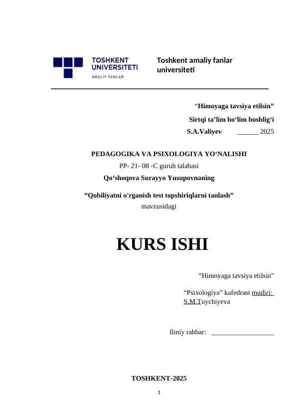 Qobiliyatni o'rganish test topshiriqlarni tanlash