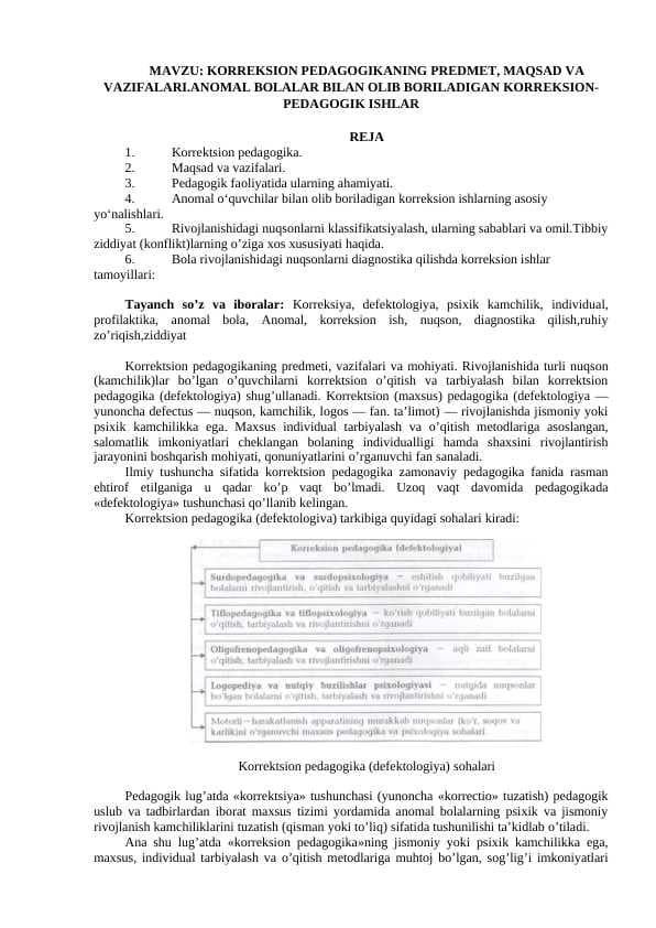 KORRЕKSION PЕDAGOGIKANING PRЕDMЕT, MAQSAD VA VAZIFALARI.ANOMAL BOLALAR BILAN OLIB BORILADIGAN KORRЕKSION- PЕDAGOGIK ISHLAR