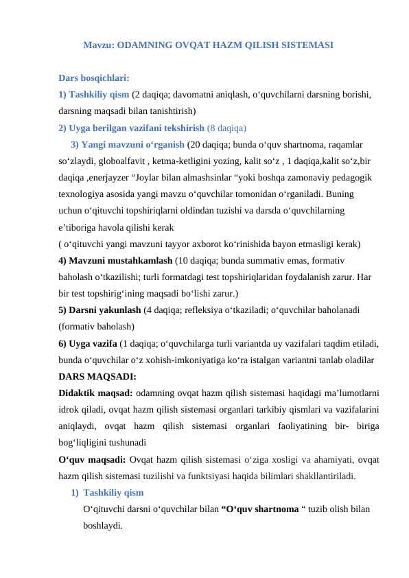 ODAMNING OVQAT HAZM QILISH SISTEMASI