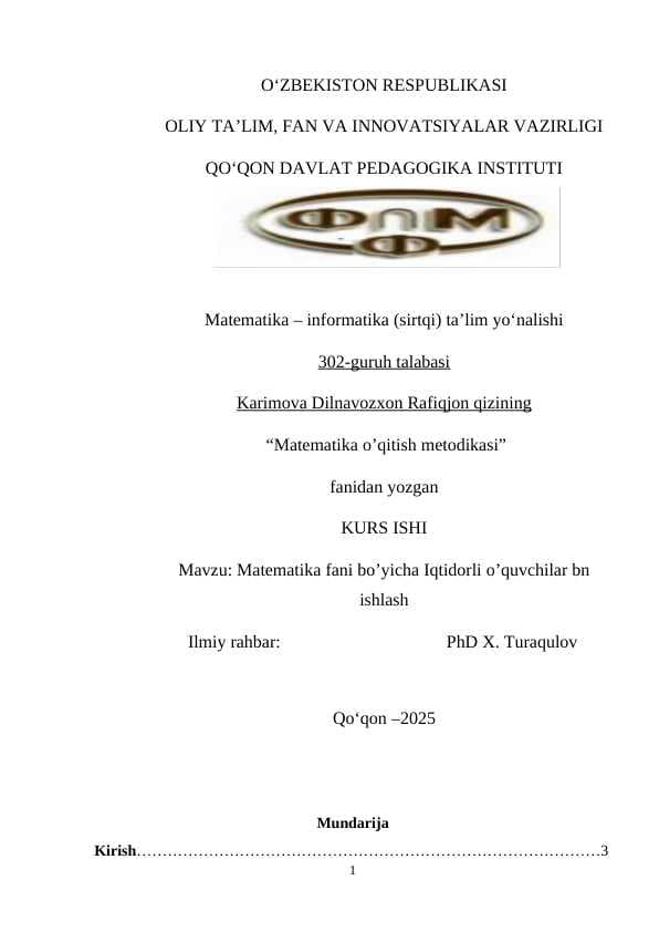 matematika darslarida iqtidorli o'quvchilar bilan ishlash