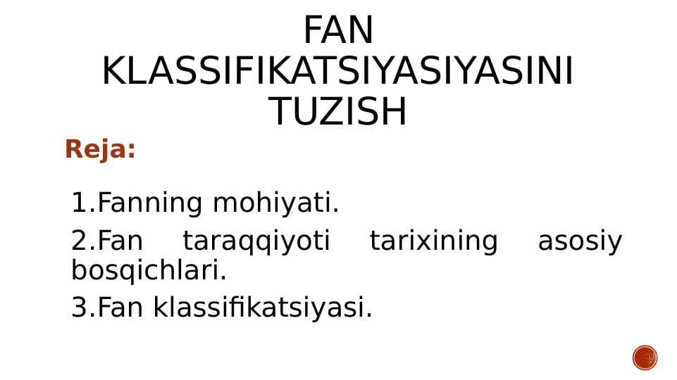 FAN klassifikatsiyasiyasini tuzish