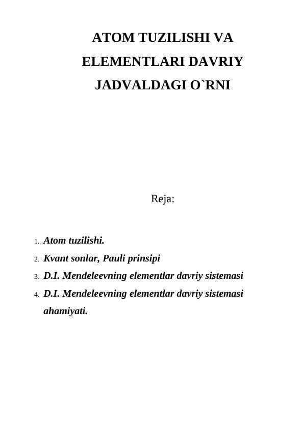 ATOM TUZILISHI VA ELEMENTLARI DAVRIY JADVALDAGI O`RNI