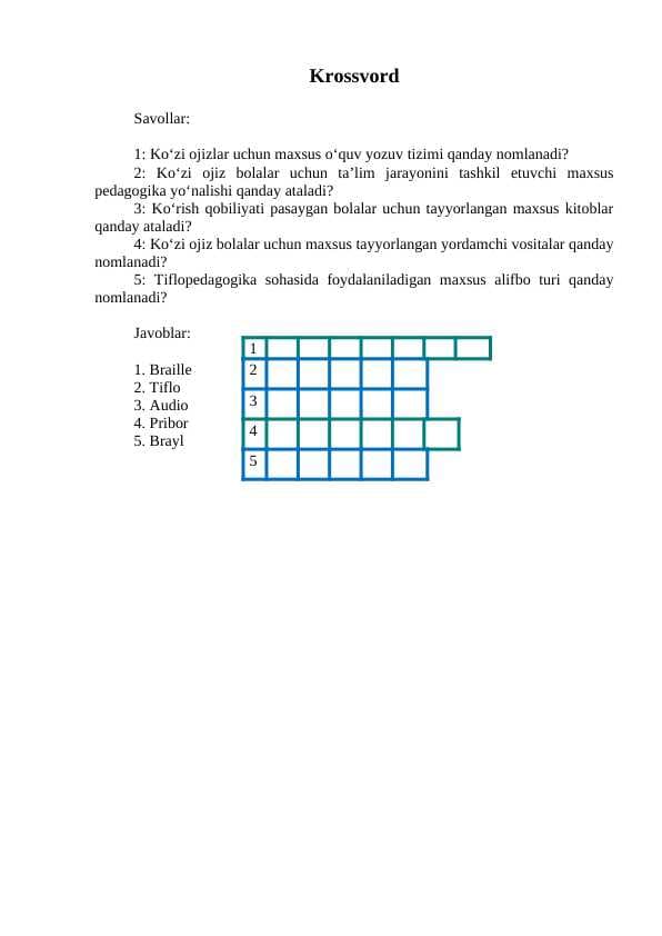Tiflopedagogika KROSSWORD